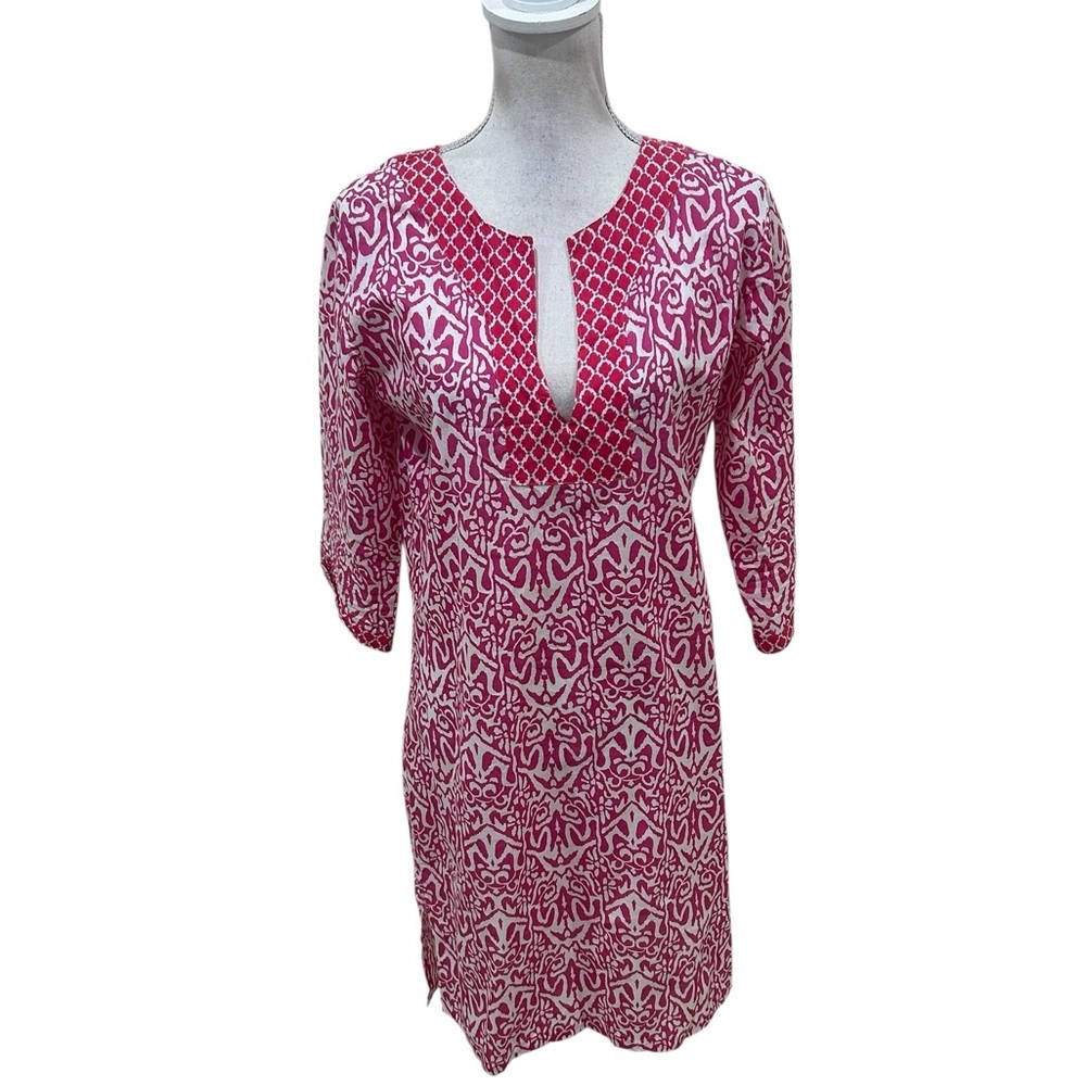 Rockflowerpaper Pink & white 3/4 Sleeve tunic cotton lightweight dress medium